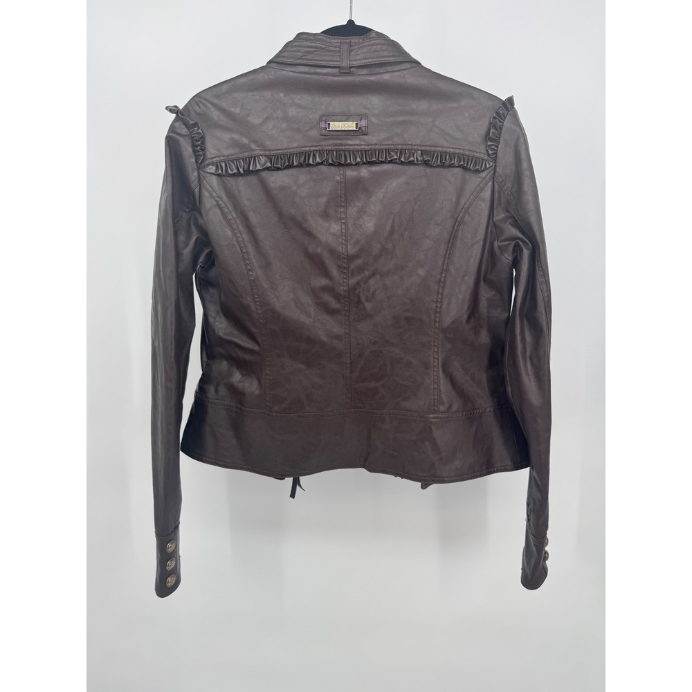 Apple Bottoms Womens Brown Faux Leather Ruffle Moto Jacket Leopard Lining L - Picture 6 of 13